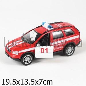 МАШИНА "ТЕХНОПАРК" МЕТАЛЛ. ИНЕРЦ. VOLVO ПОЖАРНАЯ СЛУЖБА, СВЕТ+ЗВУК В РУСС. КОР. в кор.2*24шт ― Luckfamily.ru