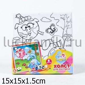 ХОЛСТ Д/РОСПИСИ "ИГРАЕМ ВМЕСТЕ" "СМЕШАРИКИ" (КРАСКИ/КИСТОЧКА В КОМПЛ.) В РУСС.УП. 15*15СМ в кор.48шт ― Luckfamily.ru