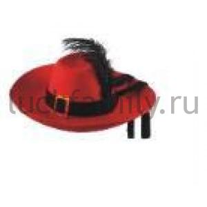 ШЛЯПА КАРНАВАЛЬНАЯ КРАСНАЯ С ЧЕРНЫМ ПЕРОМ И ПРЯЖКОЙ в кор.60шт ― Luckfamily.ru